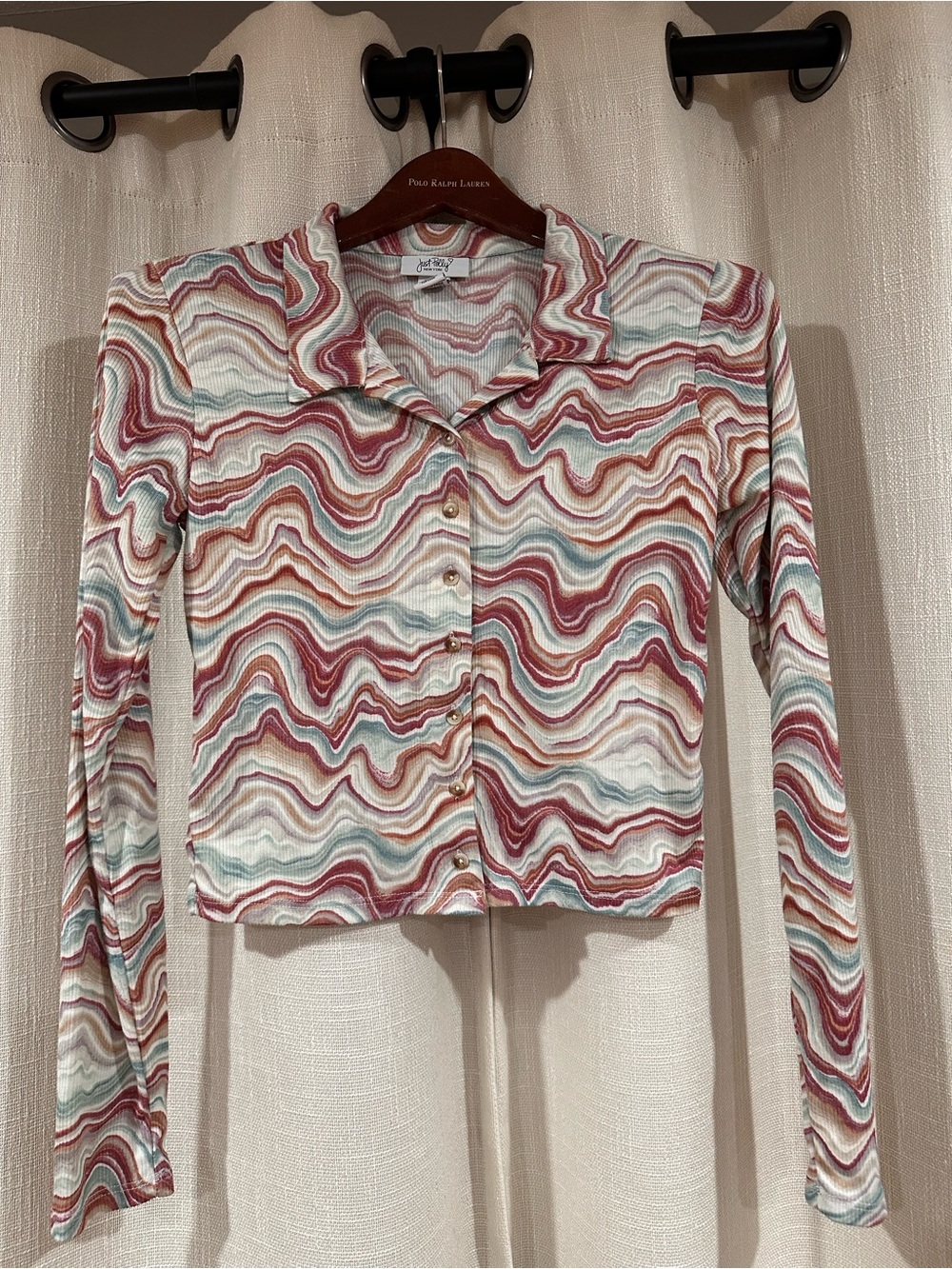 Just Polly Abstract Wave Print Button-Front Long Sleeve Top - Multi